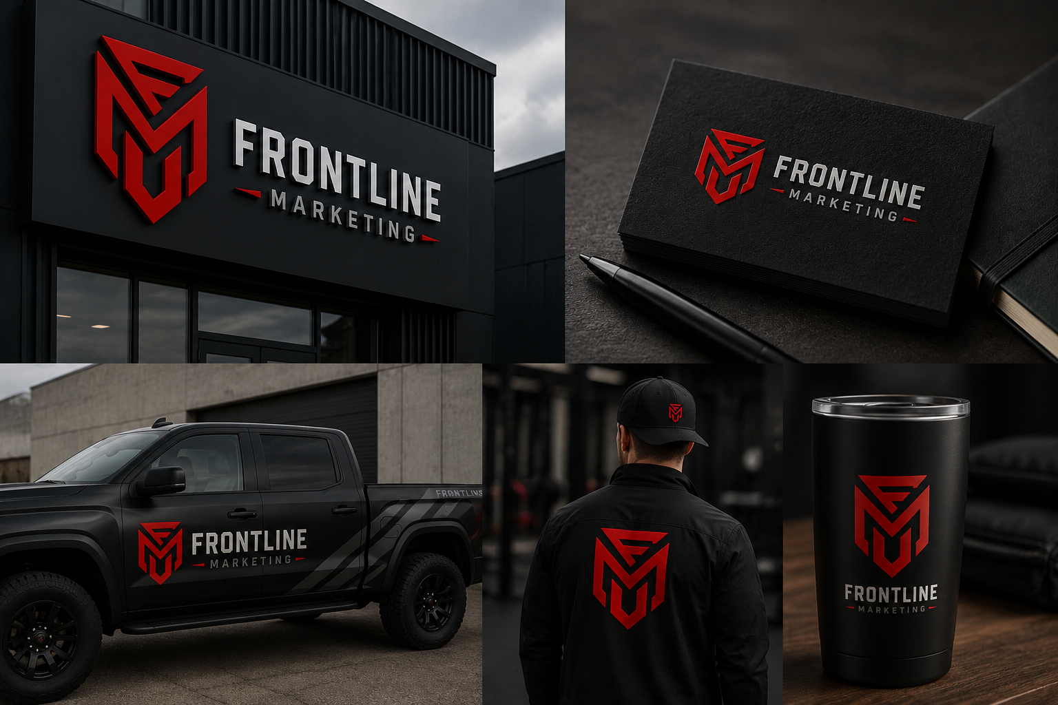 Frontline Marketing brand applied across signage, apparel, a vehicle, stationery, and drinkware