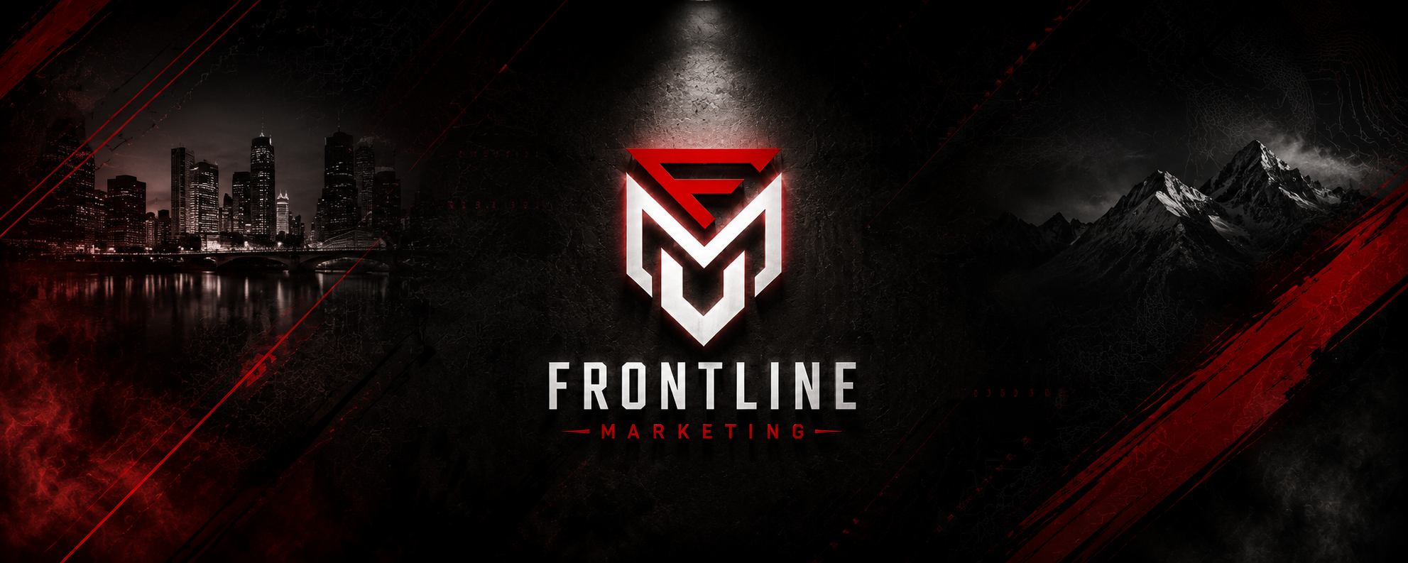 Frontline Marketing brand mark set between a city skyline and mountain range